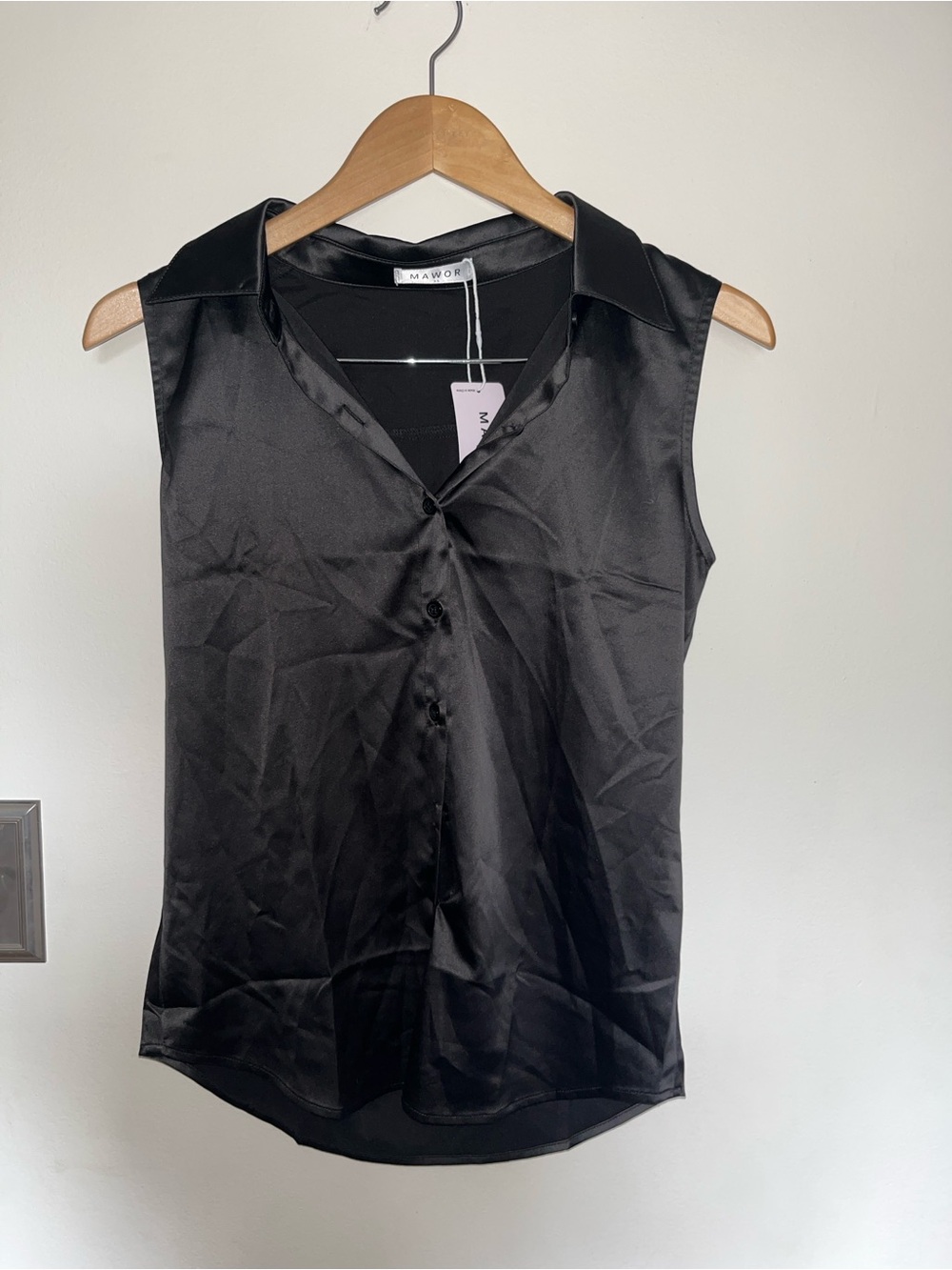 Black Satin Sleeveless Button-Down Camisole